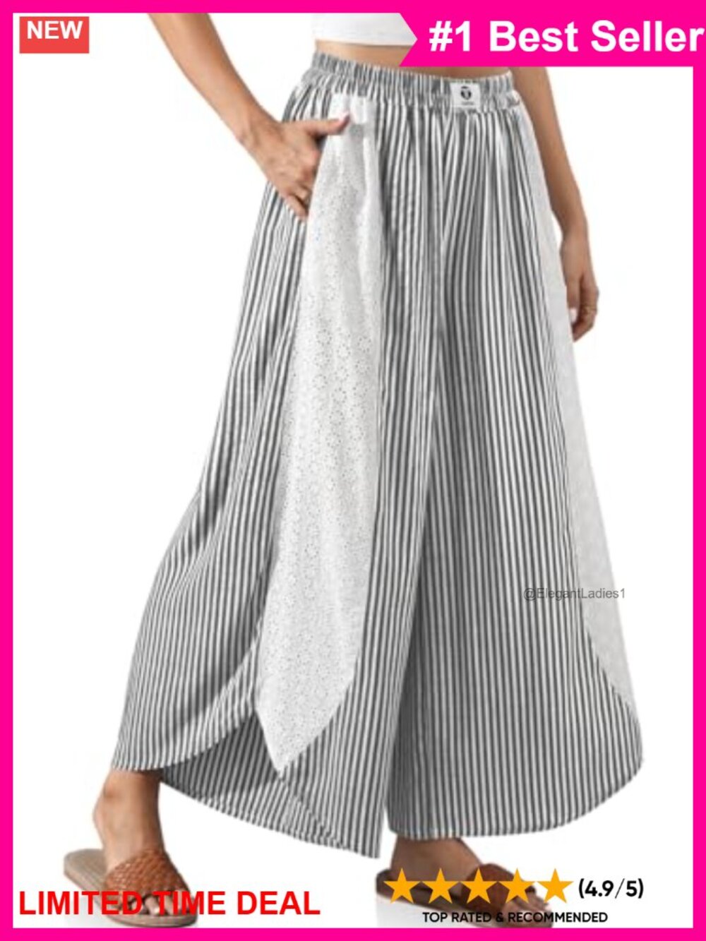 Wide Leg Striped Linen Pants with Pockets Lace Boho Palazzo Trousers